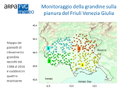 Mappa dei pannelli di rilevamento grandine raccolti dal 1988 al 2016 e suddivisi in quattro marcoaree della pianura del Friuli Venezia Giulia