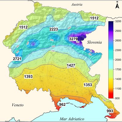 Friuli Venezia Giulia - Precipitazioni  medie annue (dati rete meteorologica regionale 1961-2013)