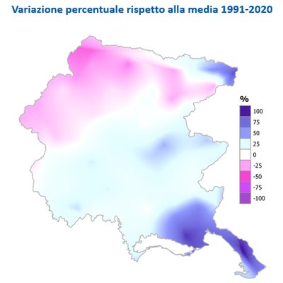 Precipitazioni di gennaio 2023 in FVG: variazione percentuale rispetto alla media 1991-2020 (confronto effettuato con dati storici della rete pluviometrica regionale)