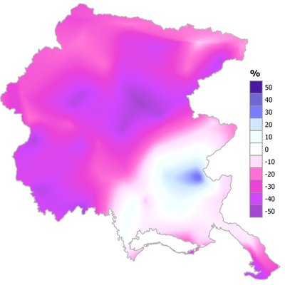 Precipitazioni di aprile 2023 in FVG: variazione percentuale rispetto alla media 1991-2020 (confronto effettuato con dati storici della rete pluviometrica regionale)