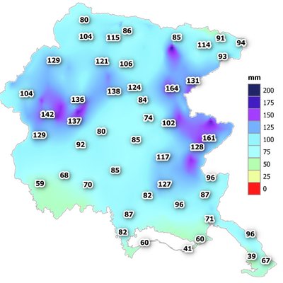 Precipitazioni di aprile 2023 in FVG: cumulato mensile di pioggia (i numeri indicano il cumulato di pioggia espresso in mm per le diverse stazioni)