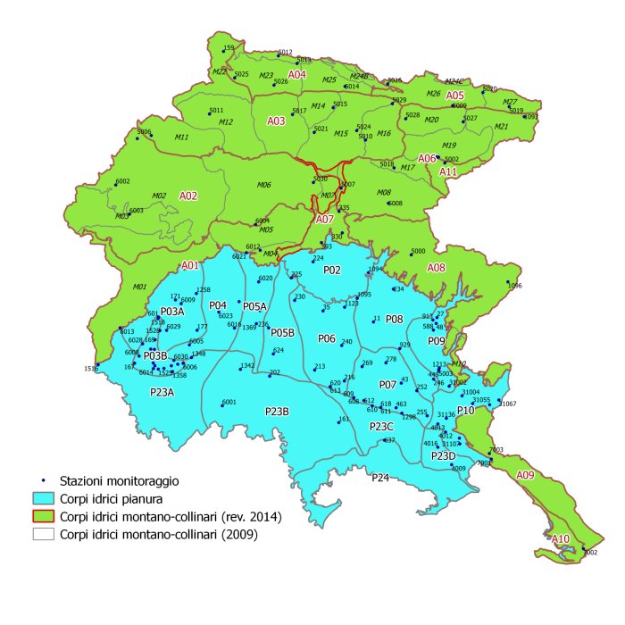 Corpi idrici sotterranei montano-collinari e freatici, con le relative stazioni di monitoraggio