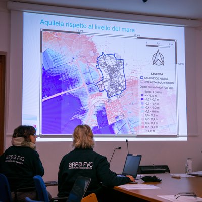 La mappa di Aquileia con le diverse quote rispetto al livello del mare, preparata da Arpa FVG per AdriaClim