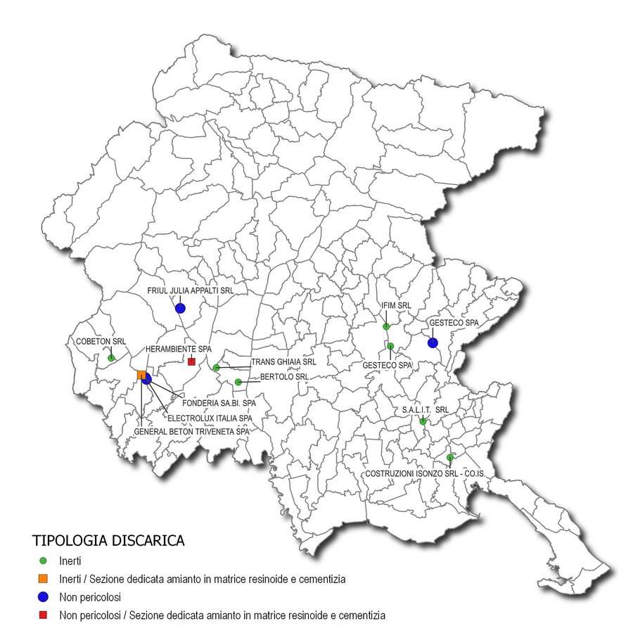 La cartina rappresenta gli impianti di discarica operativi in regione nel 2020 e suddivisi per categoria.