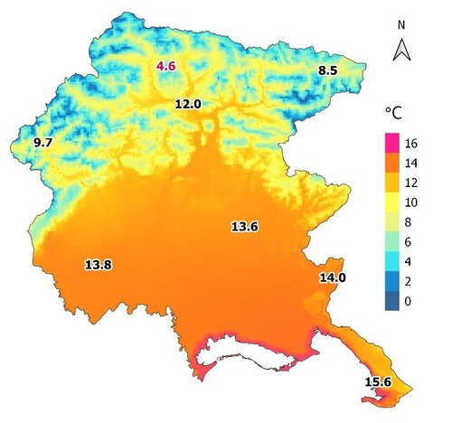 Temperature medie annue (dati rete meteorologica regionale 1991-2020). Il valore in rosso corrisponde alla stazione in quota di Monte Zoncolan; i valori in nero si riferiscono a stazioni di valle/pianura/costa.
