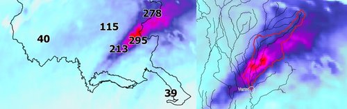 Figura 2. Mappa delle precipitazioni cumulate spazializzate sul bacino del Judrio: la figura (a sinistra alcuni valori di pioggia in mm, a destra è in mostrato il bacino idrografico del Judrio) evidenzia visivamente la stretta fascia di territorio (circa 10 km) tra Gonars e il confine sloveno dove si sono concentrati gli accumuli estremi, confermando come la maggior parte della pioggia sia caduta in un'area molto localizzata.