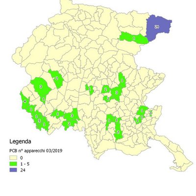 Presenza di apparecchi contenenti PCB inventariati in Friuli Venezia Giulia nel 2019