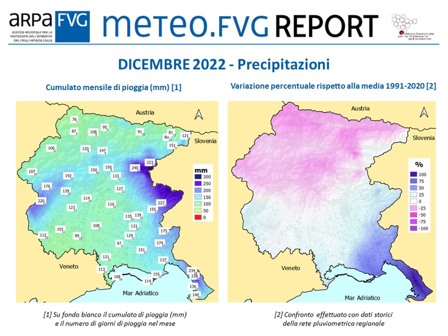 Precipitazioni di dicembre 2022 in FVG (cumulati mensili e variazione percentuale rispetto alla media 1991-2020)