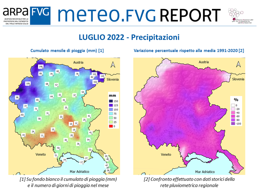 Precipitazioni di luglio 2022 in FVG (cumulati mensili e variazione percentuale rispetto alla media 1991-2020)