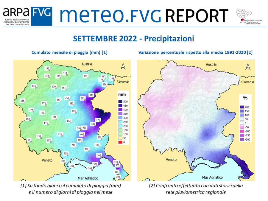 Precipitazioni di settembre 2022 in FVG (cumulati mensili e variazione percentuale rispetto alla media 1991-2020)