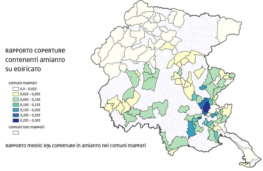 Rapporto tra superficie delle coperture in amianto e superficie dell'edificato per i Comuni mappati in FVG