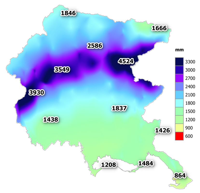 precipitazioni totali del 2024 in fvg: cumulato me...