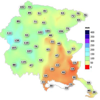 Precipitazioni di luglio 2026 in FVG: cumulato mensile di pioggia (i numeri indicano il cumulato di pioggia espresso in mm per le diverse stazioni).