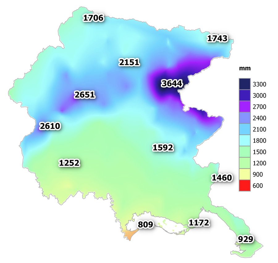 precipitazioni totali del 2023 in fvg: cumulato me...