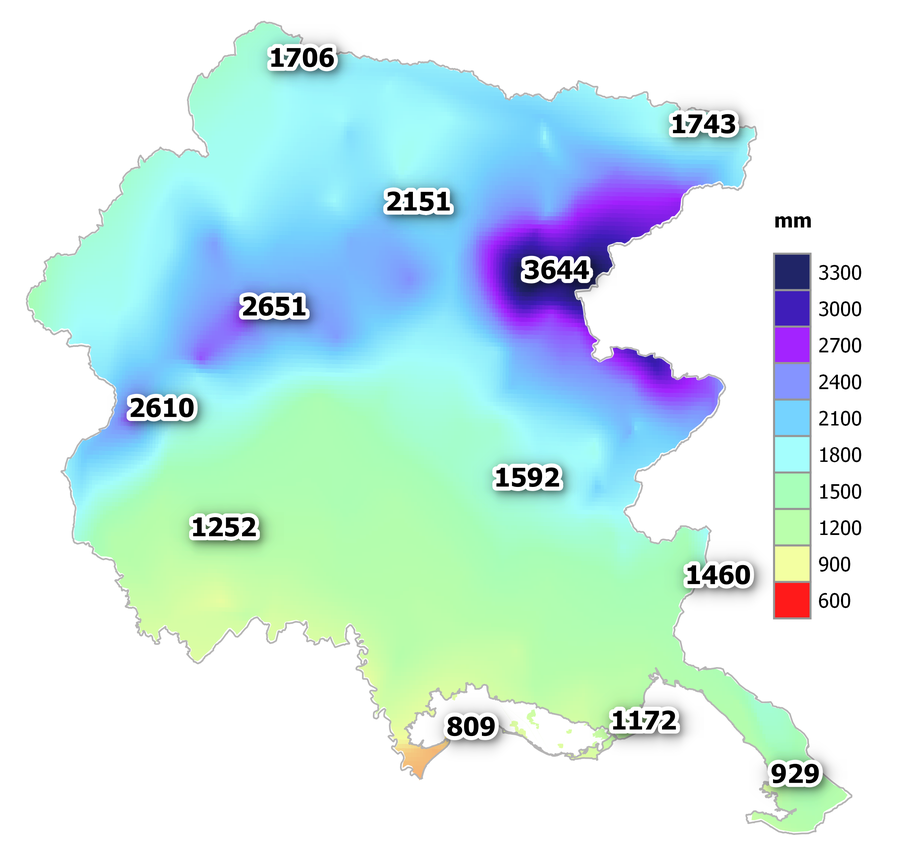 precipitazioni totali del 2023 in fvg: cumulato me...