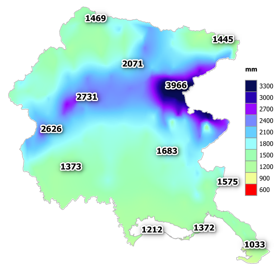 precipitazioni totali del 2025 in fvg: cumulato me...
