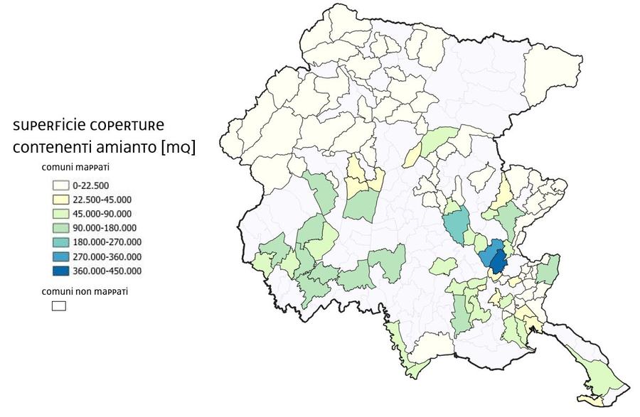 Superfici delle coperture in amianto rilevate nei Comuni mappati in FVG