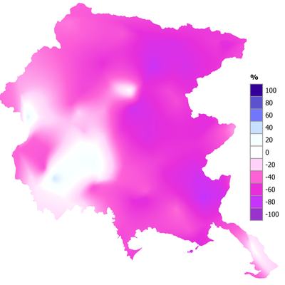 Precipitazioni di luglio 2026 in FVG: variazione percentuale rispetto alla media 1991-2020 (confronto effettuato con dati storici della rete pluviometrica regionale).