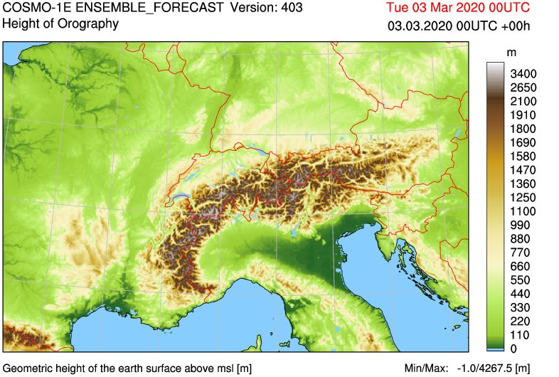 La regione geografica per la quale sono calcolati i prodotti provenienti da COSMO-1E e COSMO-2E (fonte: https://www.meteosvizzera.admin.ch/home/sistemi-di-rilevamento-e-previsione/sistemi-di-allerta-e-previsione/sistema-di-previsione-numerica-cosmo.html)