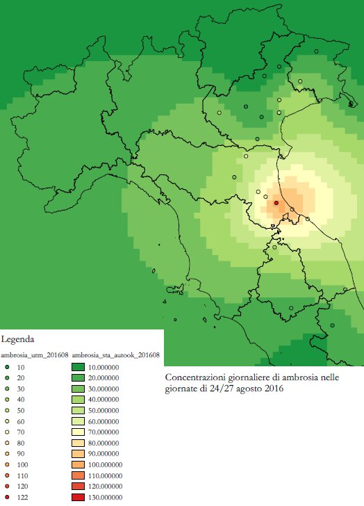 Concentrazioni giornaliere di Ambrosia nelle giornate di 24/27 agosto 2016