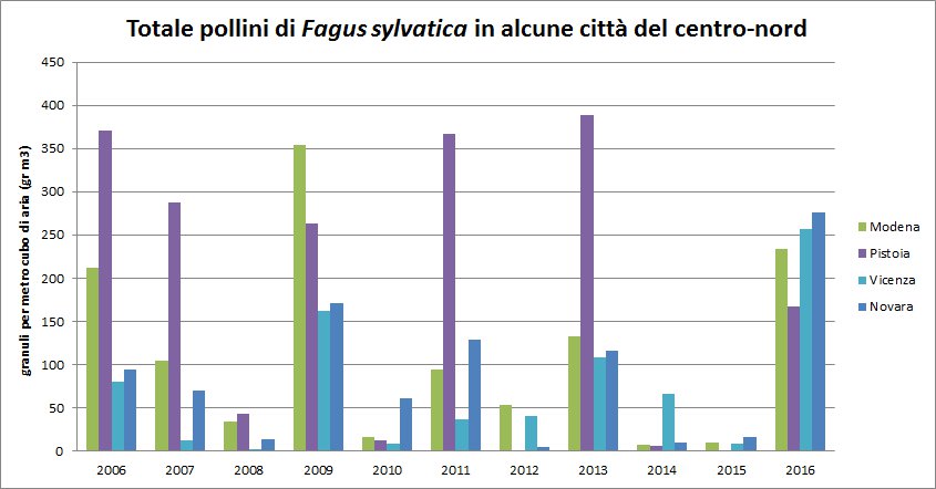 Totale pollini di faggio in alcune città del centro-nord