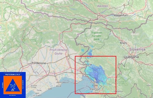 Il segnale radar a est del confine tra Italia e Slovenia causato dalla nuvola di pollini di pino marittimo