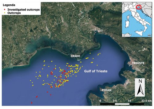 Mappa dei grébeni nel Golfo di Trieste