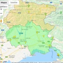 Mappa con i superamenti dei livelli giornalieri di PM10 in Friuli Venezia Giulia nella giornata del 28 marzo 2020. Rete Arpa FVG