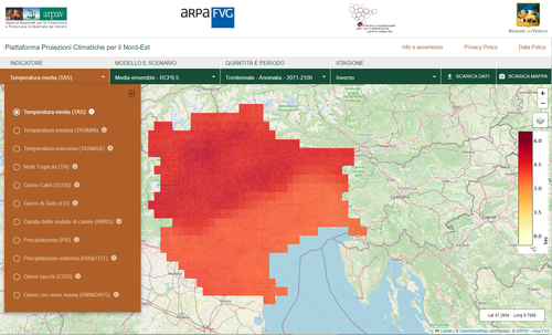 loghi degli enti e screenshot della Piattaforma Proiezioni Climatiche per il Nord-Est: temperatura media, periodo 2070-2100, scenario RCP8.5