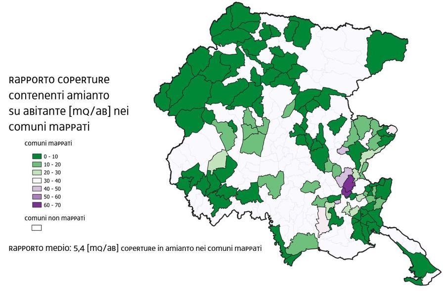 Rapporto tra superficie delle coperture in amianto e abitanti per i Comuni mappati in FVG