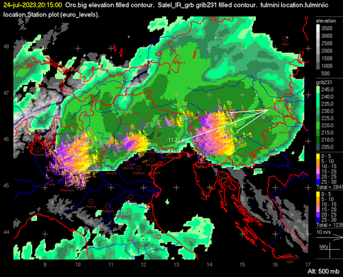 Immagine del canale infrarosso Eumetsat MSG alle 20:00 UTC (22:00 ora locale) con sovrapposti i fulmini (fonte Meteorage) tra le 19:45 e le 20:15 UTC. La prima supercella ha già raggiunto la Slovenia, la seconda è in Veneto, mentre la terza è ancora in Lombardia